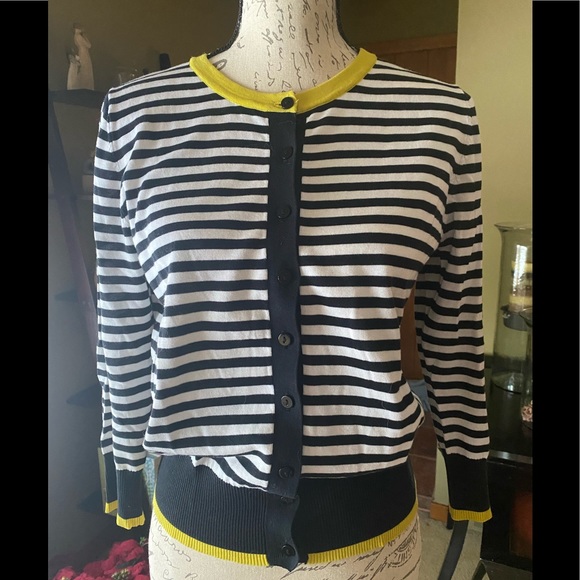 EUC Elliott Lauren 3/4 sleeve button cardigan- Black/white stripe w/yellow trim - Picture 1 of 7